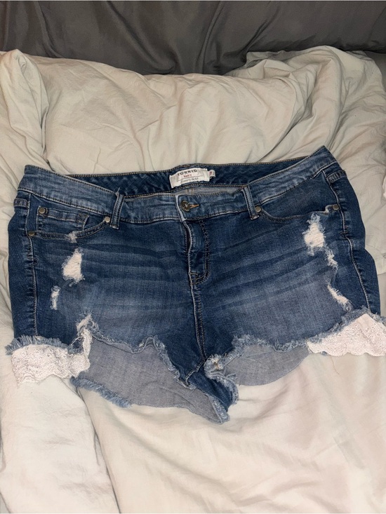 torrid Pants - torrid Blue Distressed Denim Shorts with White Lace Trim